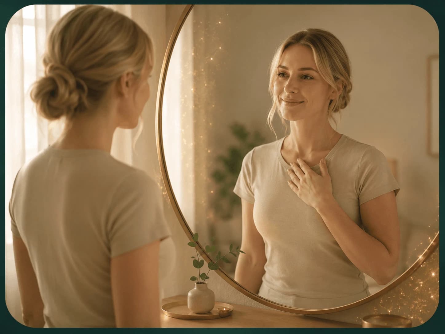 Smiling woman looks at her reflection in a round gold mirror with warm, sparkling light.