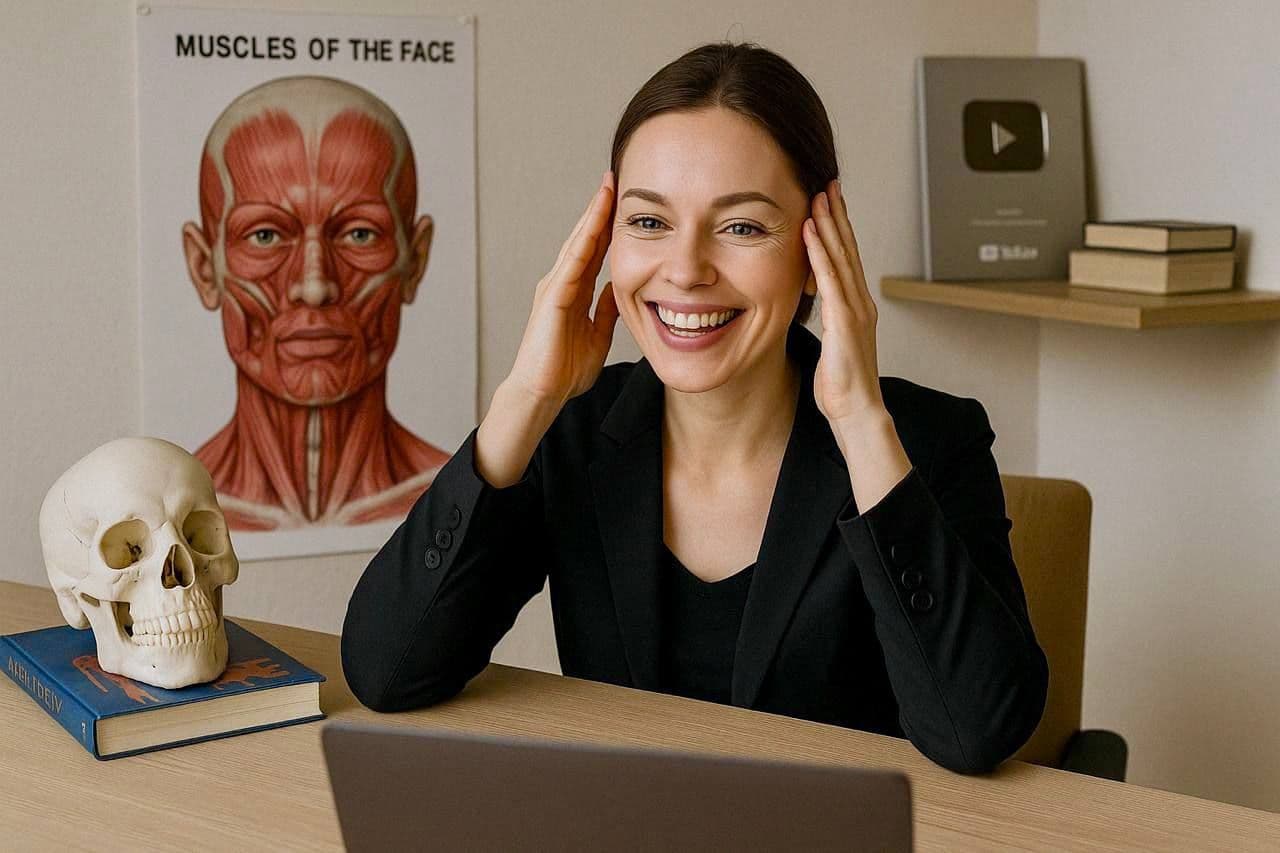 Smiling woman in a blazer touches her temples beside a facial muscle poster and skull.