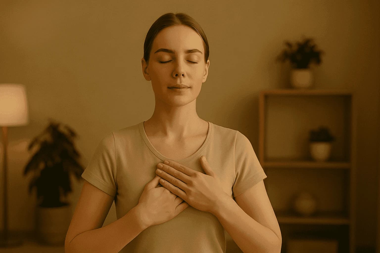 Serene woman with closed eyes and hands over her heart practicing mindfulness in warm lighting.