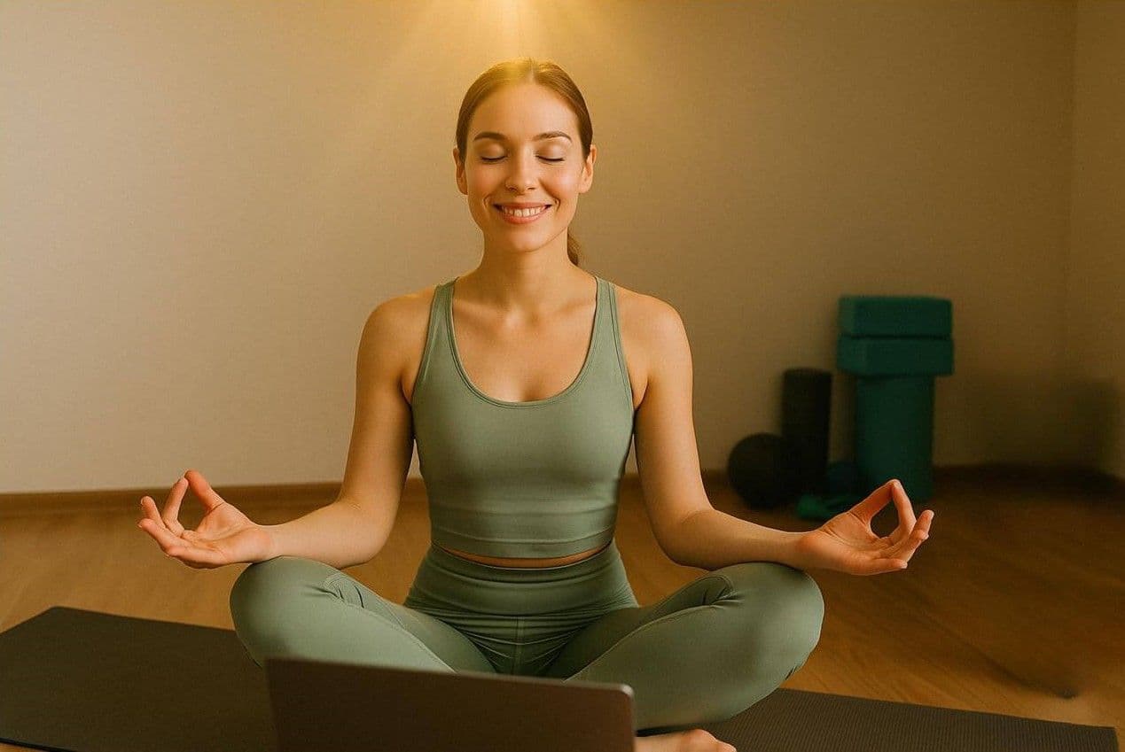 Smiling woman in green athletic wear meditates cross-legged on a mat in front of a laptop.