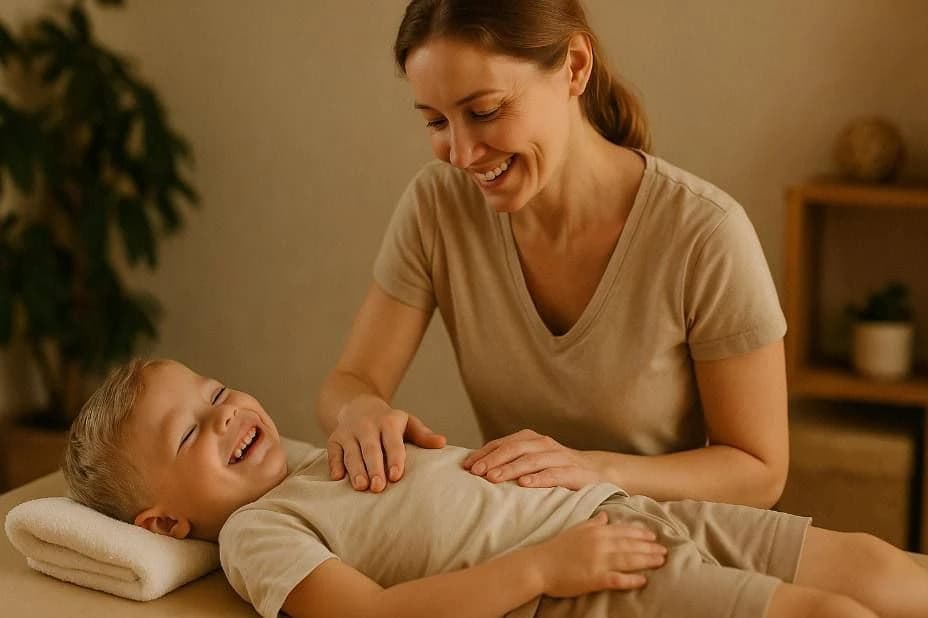 A smiling woman gently massages a laughing young boy lying on a table.